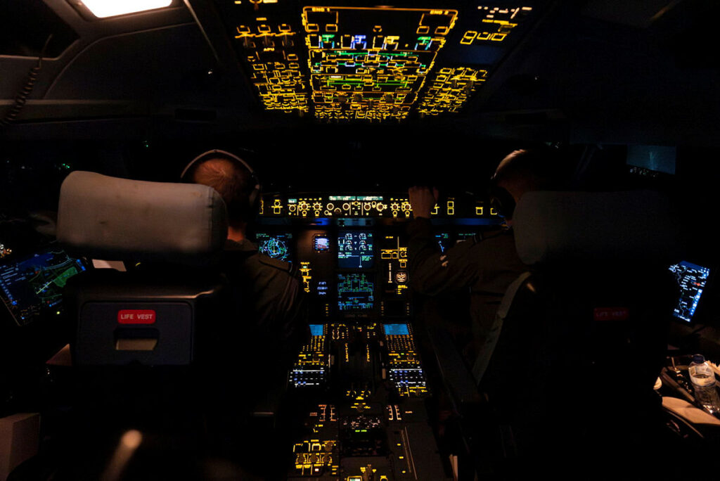Image shows: Flight deck of Voyager during Eastern Sentry refuel sortie, on the 2nd of October 2025. On October 2nd 2025, 10 Squadron Royal Air Force Voyager ZZ343 from RAF Brize Norton deployed in support of 2 Eurofighter Typhoon FGR4’s (Chaos 1 and Chaos 2) from 3 Squadron at RAF Coningsby to provide air to air refuelling on EASTERN SENTRY. EASTERN SENTRY is a NATO operation to protect territory along NATO’s eastern flank in response to a Russian drone incursion into Poland. British Eurofighter Typhoon FGR4’s fly air defence missions over Poland.